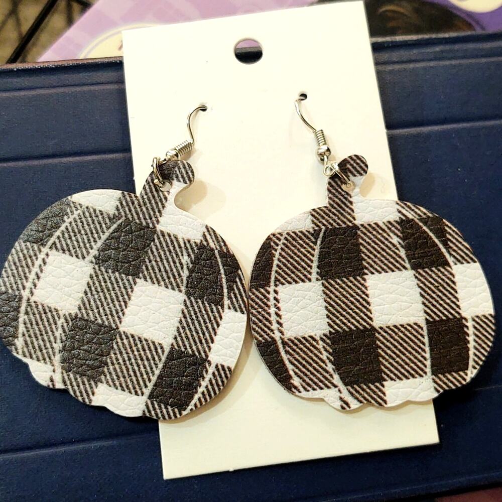 Leather Pumpkin black and white plaid earrings